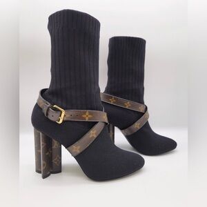 Louis Vuitton Luxury Black Sock Boot with Monogram Brown Straps